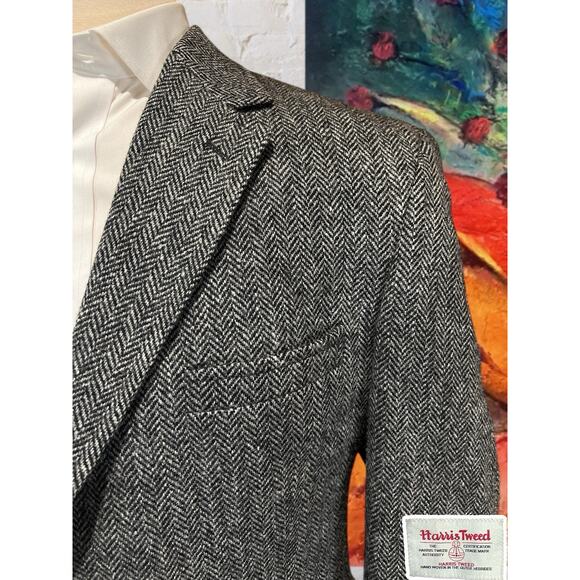 Harris Tweed x Jos A Bank 44R Black White Herringbone Sport Coat Blazer 3/2 Roll - Picture 3 of 14